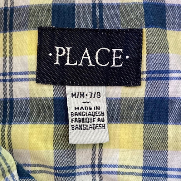 Boys size 7/8 Children’s Place blue and yellow plaid short sleeved button up - Picture 3 of 5